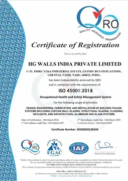ISO 45001:2018 certificate issued to HG Walls India Pvt. Ltd.