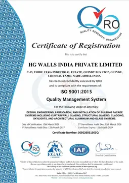 ISO 9001:2015 certificate issued to HG Walls India Pvt. Ltd.
