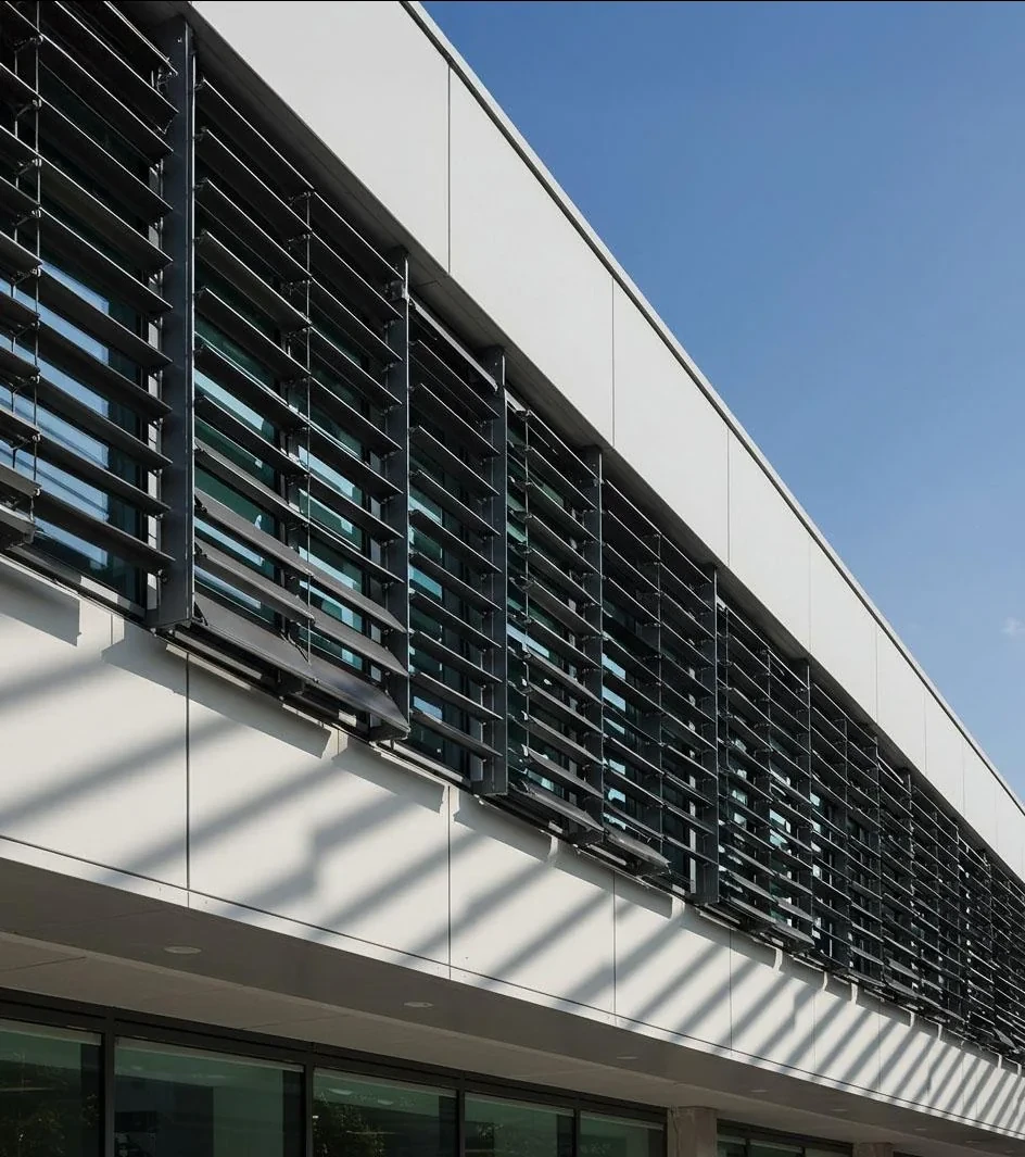 Architectural aluminium louvers and facade fins installed by HG Walls