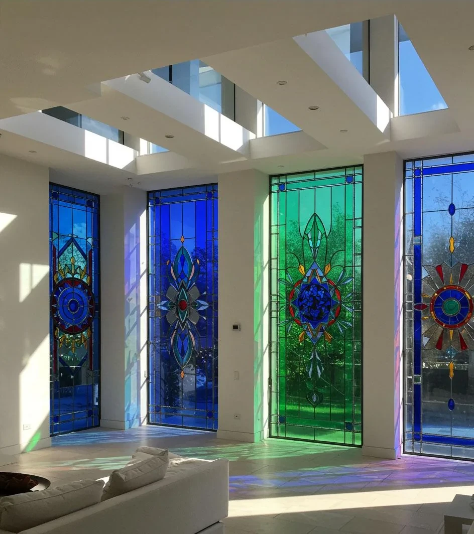 Custom architectural glass mural with coordinated artwork and panel joints by HG Walls