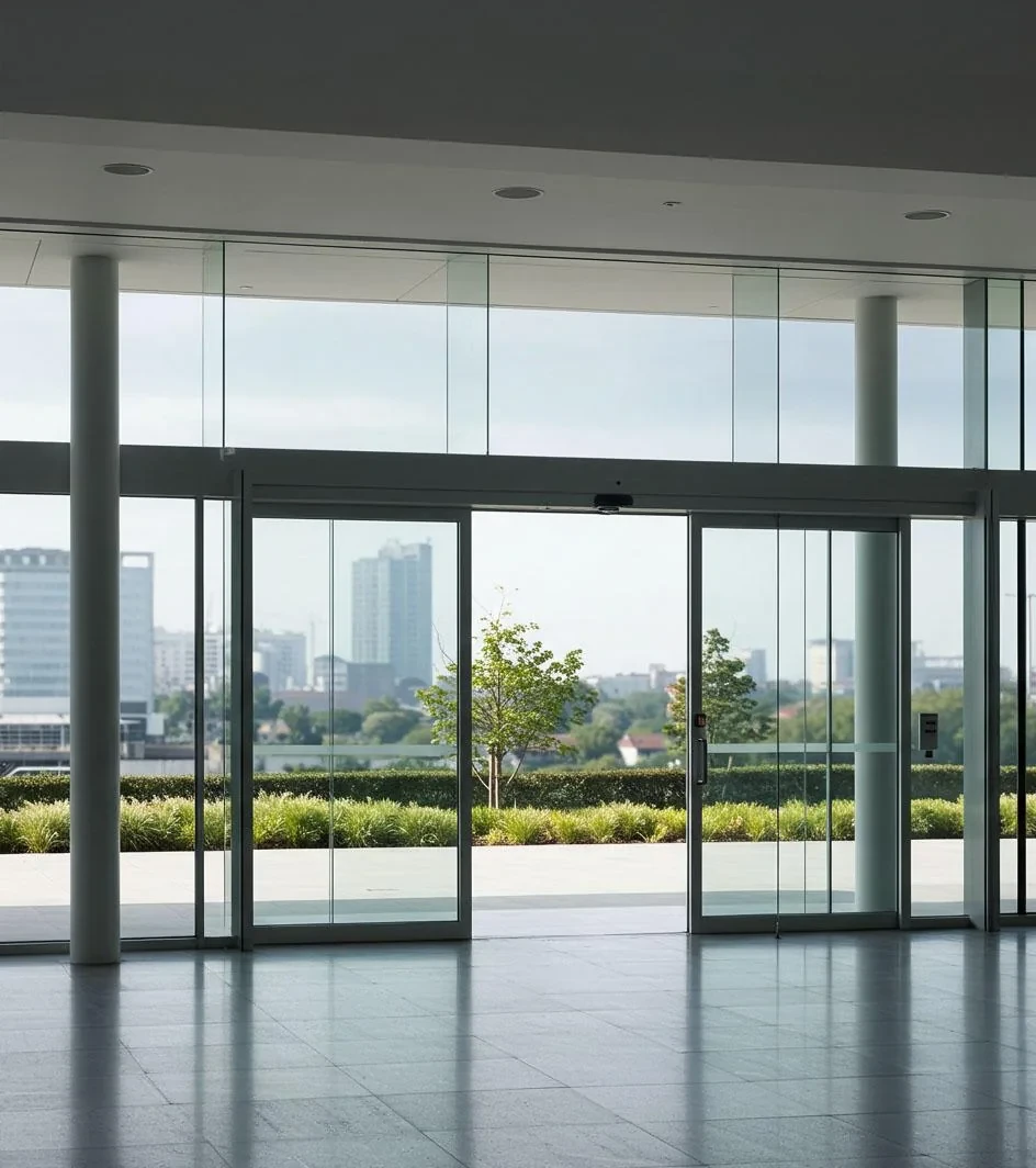 Automatic sliding glass entrance door installed by HG Walls
