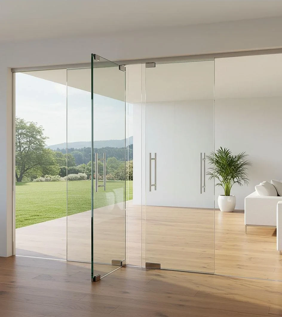 Frameless toughened glass entrance door with patch fittings by HG Walls