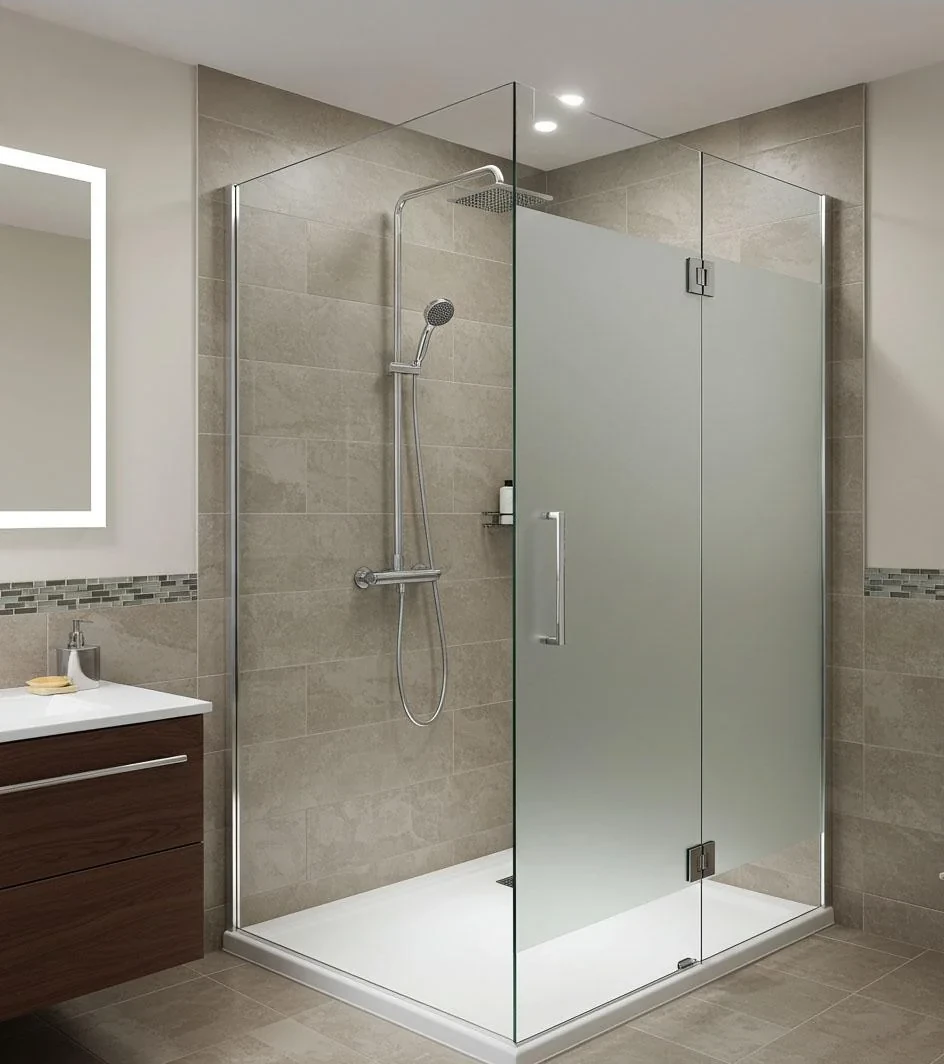 Frameless safety-glass shower cubicle with coordinated hardware by HG Walls